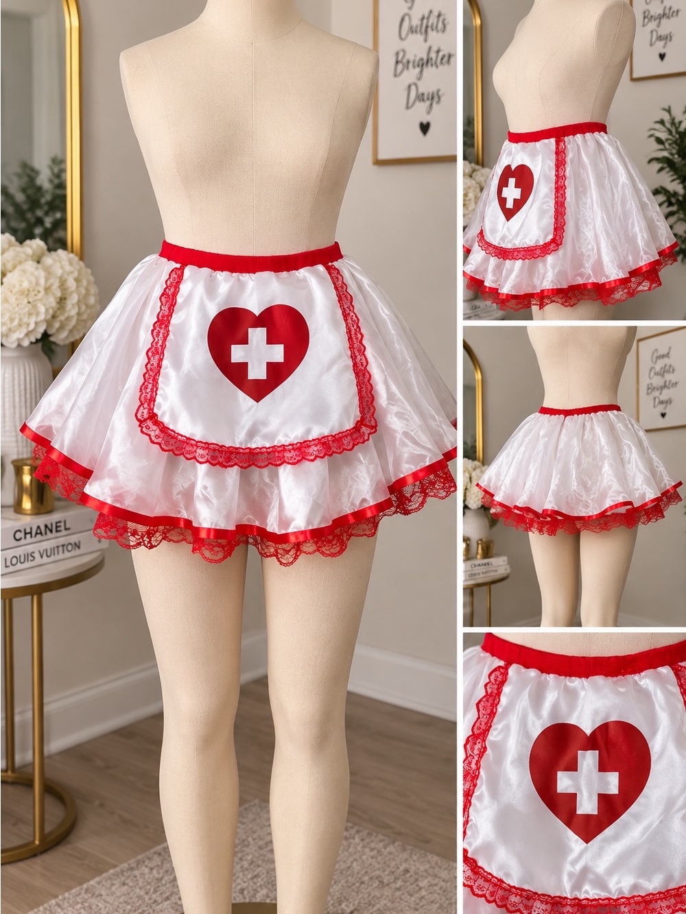 Red & White Nurse-Inspired Satin Skater Skirt by